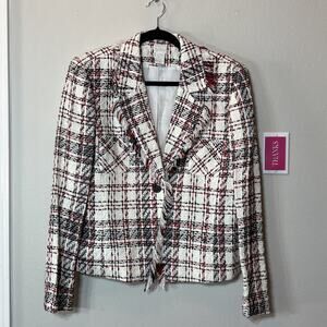 Studio C Tweed Plaid Short Blazer Jacket Ivory Black Red Frayed Trim 16 Vintage